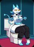 5_fingers anthro black_bottomwear black_clothing black_pants blue_body blue_buttons blue_ears blue_fingers bottomwear bottomwear_down butt cheek_spots clothed clothing cord_tail darkner deltarune diarrhea empty_eyes english_text explosive_diarrhea feces feces_blowout feces_in_toilet felid feline female fingers floating_hands footwear glistening glistening_body hi_res machine mammal metal_clothing metallic_body multicolored_body pants pants_down partially_clothed pooping_in_toilet robot shoes sillynamie solo tasque_manager text toilet toilet_bowl toilet_lid toilet_seat toilet_use two_tone_body undertale_(series) white_body