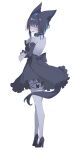  1girl absurdres animal_ears animal_nose astra_chichi back back_bow backless_dress backless_outfit black_bow black_dress black_hair blue_hair blush bow butterfly_on_leg colored_inner_hair commentary_request dress fang frilled_dress frills full_body furry furry_female high_heels highres jewelry median_furrow multicolored_hair namo_(sani_yang's_laboratory) open_mouth ring sani_yang's_laboratory shoulder_blades simple_background solo tail thigh_strap wedding_ring white_background wolf_ears wolf_girl wolf_tail yellow_eyes 