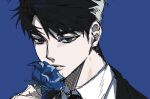  1boy alcmoon1215 black_hair black_suit blue_background blue_eyes blue_flower dress_shirt flower gwechul highres holding holding_flower male_focus necktie ryu_jaekwan serious shirt short_hair sketch solo spiked_hair suit white_shirt 