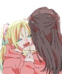  2girls bare_shoulders blonde_hair bloom_garden_party_jacket blue_hair brown_hair closed_eyes commentary_request curtained_hair fang fujishima_megumi gradient_hair highres hood hood_down hooded_jacket imminent_bite jacket long_hair long_sleeves love_live! love_live!_hasu_no_sora_jogakuin_school_idol_club love_live!_hasu_no_sora_jogakuin_school_idol_club_bloom_garden_party mira-cra_park! multicolored_hair multiple_girls off_shoulder open_mouth osawa_rurino pink_jacket simple_background teeth twintails two_side_up uehara_neutrin upper_teeth_only white_background yuri 