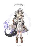  1girl aged_down alternate_costume apron apron_pocket aqua_eyes arknights artist_name black_dress black_ribbon blush bonnet boots brown_boots character_name detached_sleeves dragon_horns dragon_tail dress fang fire flame-tipped_tail flower frilled_apron frills full_body hair_flower hair_ornament hair_over_one_eye hat hat_ribbon highres holding holding_shovel horns looking_at_viewer multiple_horns necrass_(arknights) necrass_(young)_(arknights) ppxdq purple_fire ribbon scissors shovel skin_fang slit_pupils socks solo tail white_apron white_background white_socks 