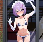  1girl \||/ a.i._voice absurdres against_glass alternate_costume arm_up armpits bare_shoulders bikini black_bikini blush brick_wall collarbone commentary_request cowboy_shot day double-parted_bangs embarrassed flat_chest frilled_bikini frills from_above gloves hair_between_eyes hair_intakes hair_ornament hand_up headdress highres holding holding_tissue indoors leaning_forward looking_at_viewer maid maid_bikini maid_headdress maretto navel nose_blush petite purple_eyes purple_hair raised_inner_eyebrows ribs short_hair sidelocks skinny solo standing stomach straight-on swimsuit tissue unconventional_maid voiceroid white_gloves white_headdress window wiping yuzuki_yukari yuzuki_yukari_(shizuku) 