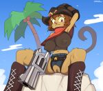  anthro big_breasts bodily_fluids boots breasts brown_hair chaps clothing cowboy_boots cowboy_hat crooked_whiskers crotchless_clothing day domestic_cat felid feline felis female footwear gameoverse genital_fluids genitals glitch_productions gun gun_arm hair handgun hat headgear headwear hi_res holding_gun holding_handgun holding_object holding_ranged_weapon holding_revolver holding_weapon huge_breasts kit_(gameoverse) looking_at_viewer mammal markmanez nipple_outline palm_tree plant poncho ranged_weapon revolver shirt shoes sitting sky solo tail tight_clothing tight_shirt tight_topwear topwear tree vaginal_fluids vulva weapon weapon_arm 