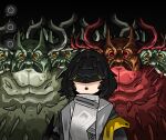  1girl absurdres arknights arknights:_endfield black_hair chun_grandfa commentary_request creature diamond_(shape) endministrator_(arknights) female_endministrator_(arknights) gameplay_mechanics highres horns imbued_quillbeast_(arknights) jacket korean_commentary mask quillbeast_(arknights) short_hair sweater weighing_scale 