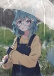  1girl :p animal_ear_fluff animal_ears bandaid bandaid_on_face black_gloves blue_eyes blue_hair cat_ears cat_girl cat_tail fingerless_gloves glasses gloves hair_ornament highres holding holding_umbrella indie_virtual_youtuber long_sleeves looking_at_viewer medium_hair outdoors overalls rain round_eyewear shirt sleepiebug solo star_(symbol) star_hair_ornament sweater tail tongue tongue_out transparent transparent_umbrella umbrella valefal_coneri virtual_youtuber 