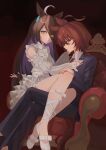  2girls agnes_tachyon_(umamusume) ahoge animal_ears bare_shoulders black_hair black_jacket black_pants black_suit blush brown_hair chainsaw_man closed_mouth clothing_cutout collared_shirt commentary_request dress ear_tag earrings hair_between_eyes highres horse_ears horse_girl horse_tail jacket jewelry long_bangs long_hair long_hair_between_eyes long_sleeves manhattan_cafe_(umamusume) medium_hair multicolored_hair multiple_girls necktie oooaeceg pants red_eyes red_necktie ribbon shirt shoes shoulder_cutout single_earring sitting sitting_on_lap sitting_on_person suit tail umamusume very_long_hair white_dress white_hair white_ribbon white_shirt yellow_eyes 
