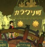  1girl black_hair black_sandals black_serafuku black_shirt black_skirt bridge building coin commentary_request grey_socks holed_coin looking_at_viewer night original outdoors railing sailor_collar sandals school_uniform serafuku shirt short_hair sign skirt sky socks solo tabi translation_request usagino_suzu white_sailor_collar zouri 