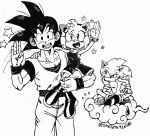  1girl 2boys amy_rose arm_up boots bracelet crossover dragon_ball dress english_commentary flower flying_nimbus gloves greyscale hand_up jealous jewelry looking_at_viewer monochrome multiple_boys open_mouth sheila96716588 shoes smile son_goku sonic_(series) sonic_the_hedgehog spiked_hair star_(symbol) sweatdrop twitter_username waving 