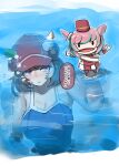  1girl absurdres animal_ears blue_one-piece_swimsuit breasts brown_hair cleavage closed_mouth collarbone commentary_request ear_covers ears_through_headwear hand_puppet hat highres horse_ears kanikama25 large_breasts marche_lorraine_(umamusume) multicolored_hair one-piece_swimsuit pink_eyes puppet red_hat short_hair solo speech_bubble streaked_hair swimsuit tracen_swimsuit translation_request umamusume underwater white_hair white_streaks 