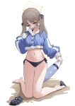  1girl absurdres barefoot bikini bikini_bottom_only black_bikini blue_archive blue_hoodie blush breasts brown_hair commentary cropped_hoodie eyewear_hang full_body halo hand_up highres hood hood_down hoodie inflatable_torpedo kneeling large_breasts long_hair long_sleeves loushao moe_(blue_archive) moe_(swimsuit)_(blue_archive) navel official_alternate_costume open_mouth rash_guard sandals side-tie_bikini_bottom smile solo stomach swimsuit twintails unworn_eyewear unworn_sandals yellow_halo 