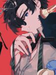 1boy applying_makeup black_coat black_hair blue_eyes coat collared_shirt commentary_request cosmetics eyelash_curler from_side green_necktie grin hand_up holding holding_lipstick_tube lipstick_tube long_sleeves looking_at_viewer makeup_brush male_focus necktie partially_unbuttoned powder_puff red_background rock_(tezuka_osamu) shirt short_hair sideways_mouth simple_background smile solo sseri_0 sunglasses tezuka's_star_system upper_body white_shirt wing_collar 