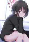  1girl absurdres black_hair black_shirt blue_archive boyfriend's_shirt brown_hair commentary_request dress_shirt empty_eyes feet_out_of_frame from_side halo hand_on_own_chin head_rest highres looking_at_viewer looking_to_the_side misaki_(blue_archive) no_pants parted_lips red_eyes red_halo shironeko_haru shirt short_hair sitting sleeves_past_fingers sleeves_past_wrists solo textless_version translation_request window 