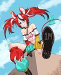  1girl :d absurdres animal_ears asymmetrical_legwear asymmetrical_sleeves bare_shoulders black_collar black_gloves black_shoes black_shorts black_streaks blue_eyes blue_sky bow breasts bright_pupils cleavage clothes_writing cloud collar colored_tips commentary dice_hair_ornament double-parted_bangs english_commentary flame_print from_below gloves grin hair_between_eyes hair_ornament hakos_baelz hakos_baelz_(1st_costume) highres hololive hololive_english layered_sleeves long_hair long_sleeves looking_at_viewer loose_socks medium_breasts milestone_celebration mismatched_legwear mismatched_sleeves mouse_ears mouse_girl mouse_tail mousetrap multicolored_hair off-shoulder_shirt off_shoulder ranox red_hair red_sleeves red_socks sharp_teeth shirt shoes short_over_long_sleeves short_sleeves shorts single_glove sitting sky smile socks solo spiked_collar spikes streaked_hair tail tail_bow tail_ornament teeth virtual_youtuber white_pupils white_shirt white_streaks yellow_sleeves yellow_socks 