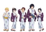  2girls 3boys :d arm_at_side black_hair blonde_hair blue_eyes bright_pupils butterfly_hair_ornament closed_eyes closed_mouth commentary_request floral_print floral_print_kimono folding_fan full_body geta green_sash grey_kimono hair_ornament hand_fan hand_on_own_head hand_towel haori heel_up highres holding holding_fan japanese_clothes kamado_tanjirou kimetsu_no_yaiba kimono kishimen_hair kochou_shinobu long_hair looking_at_viewer multicolored_hair multiple_boys multiple_girls no_pupils official_alternate_costume official_art open_mouth paper_fan parted_bangs print_kimono purple_eyes purple_sash purple_streaks red_eyes red_hair sash short_hair side_ponytail sidelocks simple_background smile standing streaked_hair teeth toes tomioka_giyuu towel tsuyuri_kanao uchiwa upper_teeth_only white_background wisteria_print yellow_sash 
