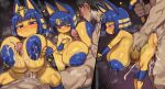  1boy 1girl absurdres animal_crossing animal_ears ankha_(animal_crossing) black_eyes blue_hair blue_nipples blunt_bangs breasts breasts_squeezed_together cat_ears cat_girl cat_tail colored_nipples colored_skin cum cum_on_body cum_on_breasts ebora ejaculation eyeliner furry furry_female hetero highres huge_breasts makeup multiple_views nipples paizuri penis sex sex_from_behind short_hair striped_tail tail textless_version thighs uncensored villager_(animal_crossing) yellow_skin 
