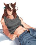  1girl abs absurdres animal_ear_fluff animal_ears biceps blue_pants breasts brown_hair brown_pubic_hair clothes_lift commentary deltoids ear_ornament female_pubic_hair grey_tank_top highres horse_ears horse_girl leaning_on_object long_hair looking_at_viewer medium_breasts more_muscular_than_canon multicolored_hair muscular muscular_female navel open_fly pants pubic_hair pubic_hair_peek purple_eyes simple_background solo solo_focus streaked_hair symboli_rudolf_(umamusume) tank_top tapeanna twitter_username umamusume underwear untranslatable_commentary white_background white_hair white_streaks 