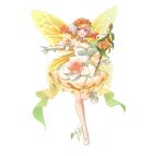  1girl absurdres bare_shoulders blonde_hair breasts butterfly_wings commentary dress english_commentary fairy fairy_wings fire_emblem fire_emblem_heroes flower full_body hair_between_eyes hair_ornament highres insect_wings multicolored_hair official_alternate_costume official_art open_mouth peony_(fire_emblem) pointy_ears purple_eyes sidelocks simple_background smile teeth upper_teeth_only white_background wings 