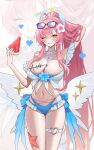  1girl aemeath_(wuthering_waves) ahoge alternate_costume arm_up artist_name bikini blue_bikini blush breasts cleavage commentary eyewear_on_head flower food fruit hair_flower hair_ornament hand_in_own_hair highres holding holding_food holding_fruit hovaku large_breasts long_hair looking_at_viewer low_wings navel one_eye_closed orange_eyes pink_hair ponytail smile star-shaped_pupils star_(symbol) stomach sunglasses swimsuit symbol-shaped_pupils tacet_mark_(wuthering_waves) thigh_gap thigh_strap thighs watermelon white_wings wings wuthering_waves zoom_layer 