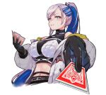  1girl asterisk_(pmpalg_v) bikini bikini_over_clothes black_gloves black_sweater blue_hair breasts bright_pupils card chest_harness choker cropped_sweater cropped_torso earrings gloves grey_choker grey_hair harness highres holding holding_card hololive hololive_indonesia jacket jewelry large_breasts long_hair midriff multicolored_hair navel o-ring o-ring_choker open_clothes open_jacket pavolia_reine pavolia_reine_(streetwear) playing_card ponytail ribbed_sweater simple_background solo streaked_hair sweater swimsuit turtleneck turtleneck_sweater virtual_youtuber white_background white_bikini white_jacket white_pupils 