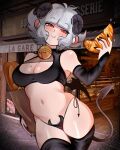  1girl :t \||/ absurdres animal_ears antenna_hair arm_at_side artist_self-insert bag baguette bakery bare_shoulders bell black_gloves black_horns black_nails black_pants black_ribbon black_shirt black_tail black_thighhighs black_wings blunt_bangs blush bread breasts brown_bag chromatic_aberration cleavage cleavage_cutout closed_mouth clothing_cutout commentary contrapposto cowboy_shot croissant crop_top cropped_shirt curvy demon_girl demon_horns demon_tail demon_wings eating elbow_gloves english_commentary eyes_visible_through_hair female_pubic_hair fingerless_gloves flipped_hair flipped_sidelocks food gloves half-closed_eyes head_tilt helltaker highres hip_dips holding holding_bag holding_food horns looking_at_viewer medium_breasts mole mole_on_breast nail_polish navel neck_bell original osu_(osulan) osulan outdoors panties pants paper_bag photo_background pubic_hair red_eyes ribbon sheep_ears sheep_girl sheep_horns shirt shop short_hair side-tie_panties sidelocks sleeveless sleeveless_shirt sleeveless_turtleneck smile solo sparkle standing stomach tail thick_thighs thighhighs thighs turtleneck turtleneck_shirt underwear vignetting white_hair wings 