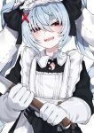  1girl animal_ears apron black_dress blue_hair commentary dress english_commentary eyes_visible_through_hair frills gloves hair_between_eyes hair_ornament highres holding holding_weapon indie_virtual_youtuber long_hair long_sleeves looking_at_viewer maid maid_apron maid_headdress open_mouth para_(vtuber) rabbit_ears red_eyes sharp_teeth short_eyebrows simple_background smile solo teeth thick_eyebrows twintails upper_body valefal_coneri variant_set virtual_youtuber weapon white_apron white_background white_gloves x_hair_ornament 