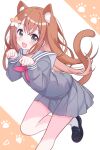  1girl absurdres alternate_hair_length_(longer) animal_ear_fluff animal_ears blush brown_hair cat_ears cat_girl cat_tail commentary flower foot_out_of_frame grey_serafuku grey_shirt grey_skirt hair_flower hair_ornament hanasato_minori highres kemonomimi_mode long_hair long_sleeves looking_at_viewer miniskirt miyamasuzaka_girls'_academy_school_uniform my_diary neckerchief necktie open_mouth orange_background orange_flower paw_pose paw_print paw_print_background pleated_skirt project_sekai red_neckerchief red_necktie sailor_collar school_uniform serafuku shirt skirt skirt_set smile solo tail triangle two-tone_background two-tone_flower white_background white_flower white_sailor_collar 