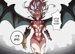  1girl abs angry artist_name blue_eyes breasts commentary cracked_face cracked_skin demon_girl demon_wings english_commentary english_text fairy_tail floating_hair gauntlets glaring grey_background grey_hair hair_spread_out highres large_breasts lazyotona leotard long_hair looking_at_viewer mirajane_strauss navel neck_ribbon pink_ribbon pointy_ears red_leotard revealing_clothes ribbon solo speech_bubble thighhighs wings 