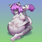  1:1 absurd_res anthro breasts domestic_cat felid feline felis female fur fynnley_(character) hi_res hyper hyper_pregnancy jest56 mammal mixed_breed nipples pregnant pregnant_female savannah_cat solo spots spotted_body spotted_fur tired tired_eyes touching_belly white_body white_fur 