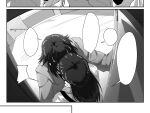  2girls absurdres bang_dream! bang_dream!_it's_mygo!!!!! blank_speech_bubble doki_(oox3o) from_above greyscale highres jacket long_hair monochrome multiple_girls railing shiina_taki sitting speech_bubble yahata_umiri yuri 
