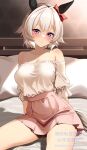  1girl animal_ears bare_shoulders bed_sheet blush bow breasts collarbone commentary_request curren_chan_(umamusume) ear_bow ear_covers grey_hair grey_tail highres horse_ears horse_girl horse_tail indoors komb large_breasts looking_at_viewer miniskirt off-shoulder_shirt off_shoulder on_bed pillow pink_skirt purple_eyes red_bow shirt short_hair sitting skirt smile solo tail thighs umamusume watermark white_shirt 