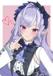  1girl absurdres ahoge ascot black_nails blush border bow bowtie breasts commentary_request drill_hair finger_to_cheek gem hairband highres large_breasts long_hair long_sleeves looking_at_viewer mole mole_under_eye multicolored_hair pink_background pointy_ears purple_ascot purple_bow purple_bowtie purple_gem purple_hair red_eyes shrug_(clothing) simple_background solo streaked_hair tama_es45_nyan vivian_banshee white_border white_shrug zenless_zone_zero 