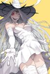  1girl bandaged_leg bandaged_neck bandages crazy crazy_eyes crazy_smile detached_sleeves dilated_pupils dress elbow_gloves facial_mark forehead_mark forehead_tattoo gloves hat highres original panties smile sudeni_sokurou tattoo underwear white_dress white_gloves white_hair white_panties witch witch_hat 