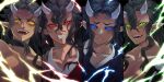  4boys aizetsu_(kimetsu_no_yaiba) black_background black_hair blue_eyes blue_sclera clenched_teeth closed_mouth colored_sclera commentary dark-skinned_male dark_skin fangs green_eyes green_sclera hair_between_eyes highres horns karaku_(kimetsu_no_yaiba) kimetsu_no_yaiba long_hair looking_at_viewer male_focus multiple_boys narihira_hira open_mouth pointy_ears red_eyes red_sclera sekido_(kimetsu_no_yaiba) smile teeth toned toned_male topless_male untranslatable_commentary upper_body urogi_(kimetsu_no_yaiba) veiny_face yellow_eyes yellow_sclera 