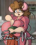 4:5 5_fingers anthro big_breasts bowl breasts brown_hair buckteeth clothing container cosplay emma_martin english_text female fingers fur gwen_geek hair hi_res humanoid_hands i_love_lucy lucy_ricardo mammal mature_anthro mature_female mouse murid murine pink_nose rodent shirt sketchybug solo tan_body tan_fur teeth text topwear