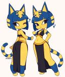  absurd_res animal_crossing ankha_(animal_crossing) anthro bottomwear bra clothing cremanata domestic_cat felid feline felis female front_view frown hand_on_hip hi_res loincloth mammal multiple_poses nintendo one_eye_closed pose rear_view simple_background solo underwear video_games white_background wink 