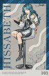  1girl :d bare_shoulders blue_border blue_hair boots border chair character_name character_signature dress english_text fangs fragrance_(freakyduck9000) full_body green_eyes grey_background grey_boots grey_dress hands_up highres hissabeth id_card index_finger_raised jacket long_hair looking_at_animal on_chair open_mouth pencil_dress pointing_at_animal red_pupils reverse:1999 short_dress sitting sleeveless sleeveless_dress smile snake snake_on_head solo white_jacket 