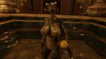  16:9 4k absurd_res anthro argonian bath bathhouse bethesda_softworks big_breasts big_butt bracelet breasts butt candlelight english_text female gold_(metal) gold_jewelry hi_res horn humanoid jewelry light necklace nipple_piercing nipples nude piercing reptile scales scalie smile solo sponge text the the_elder_scrolls thick_thighs vase video_games water widescreen 