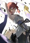  1girl ancient_greek_clothes arm_up armpits fate/grand_order fate/strange_fake fate_(series) glowing glowing_eyes greco-roman_clothes highres hippolyta_(fate) holding holding_reins horseback_riding key_chan looking_at_viewer open_mouth red_hair reins riding shouting sidelocks solo white_background yellow_eyes 