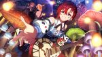  2girls animal bird blue_eyes blue_shirt card_commentary commentary_request detached_sleeves diamond_print electric_guitar facial_mark game_asset giant_mushroom grin guitar heart heart_print holding holding_guitar holding_instrument idolmaster idolmaster_million_live! idolmaster_million_live!_theater_days instrument julia_(idolmaster) looking_at_viewer multiple_girls mushroom official_alternate_costume official_art outstretched_hand oversized_animal parakeet print_sleeves red_hair shirt short_hair sleeveless sleeveless_shirt smile spade_print star_(symbol) star_facial_mark third-party_source white_sleeves yabuki_kana 