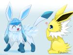 2022 ambiguous_gender black_nose blue_body blue_ears blue_fur blue_nose blue_tail blush blush_lines duo eeveelution eyes_closed feral fur generation_1_pokemon generation_4_pokemon glaceon hi_res ice jolteon kenikenikeke nintendo open_mouth open_smile paws pokemon pokemon_(species) smile tail white_body white_fur yellow_body yellow_ears yellow_fur