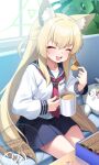  1girl animal_ear_fluff animal_ears blonde_hair blue_archive blush closed_eyes commentary_request cookie couch cup food fox_ears fox_girl hair_between_eyes halo holding holding_cup holding_food kurumi_(blue_archive) long_hair long_sleeves mofu_namako neckerchief open_mouth peroro_(blue_archive) plant pleated_skirt red_neckerchief sailor_collar school_uniform serafuku sidelocks signature sitting skirt solo stuffed_toy very_long_hair 