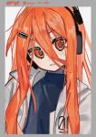  1girl a.i._voice adachi_rei alternate_hair_length_(longer) artist_name black_shirt border grey_border hair_between_eyes highres jacket long_hair long_hair_between_eyes looking_at_viewer open_clothes open_jacket orange_eyes orange_hair parted_lips shirt solo twitter_username upper_body utau white_jacket yuyu_no_suke 