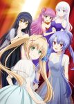  5girls :d absurdres alternate_costume alternate_hairstyle black_dress black_hair blonde_hair blue_eyes blue_hair blush collarbone copyright_notice dress flower formal_clothes green_eyes grey_eyes grey_hair hair_bun hair_flower hair_intakes hair_ornament hair_ribbon highres katou_umi key_(company) key_visual kushima_kamome long_hair looking_at_viewer multiple_girls naruse_shiroha official_art open_mouth pink_dress promotional_art purple_dress purple_eyes purple_hair ribbon sidelocks smile sorakado_ao summer_pockets textless_version tsumugi_wenders twintails x_hair_ornament yellow_eyes 