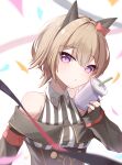  1girl absurdres animal_ears bare_shoulders black_hairband blush bow breasts closed_mouth coat commentary confetti cup curren_chan_(fille_eclair)_(umamusume) curren_chan_(umamusume) disposable_cup dress ear_bow ear_covers gloves grey_hair hairband highres holding holding_cup horse_ears horse_girl long_sleeves looking_at_viewer medium_breasts off-shoulder_coat off-shoulder_dress off-shoulder_jacket off_shoulder purple_eyes red_bow short_hair solo striped_clothes striped_dress umamusume vertical-striped_clothes vertical-striped_dress white_gloves youqia 
