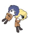  2boys absurdres blonde_hair blue_eyes blue_hair char_aznable chibi coat crossed_arms full_body gigantea_pp gundam hand_on_own_hip highres kamille_bidan looking_at_another multiple_boys quattro_bajeena white_background winter_clothes winter_coat winter_uniform zeta_gundam 