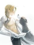  1boy ahoge automail black_pants blonde_hair braid commentary_request dog edward_elric fullmetal_alchemist hair_over_shoulder male_focus mechanical_arms medium_hair navel open_mouth pants parted_bangs petting sawanthos single_braid single_mechanical_arm smile topless_male white_background yellow_eyes 