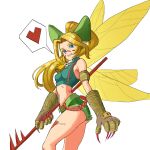  1girl :d absurdres armpit_crease ass bare_shoulders bell blonde_hair blue_eyes bow breasts clawed_gloves commentary cowboy_shot crop_top curtained_hair digimon digimon_(creature) elbow_gloves english_commentary facial_mark fairy_wings gloves green_shirt green_shorts groin hair_bow heart heart_tattoo highres leg_tattoo long_hair looking_at_viewer lower_teeth_only medium_breasts midriff multiple_wings navel neck_bell ninja_dave open_mouth pointy_ears ponytail shirt short_shorts shorts sidelocks simple_background sleeveless sleeveless_shirt smile solo spoken_heart standing tattoo teeth tinkermon white_background wings yellow_wings 