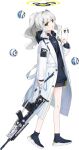 1girl 9ml :o angry animal_charm ball blue_archive blue_dress blue_shoes bullpup charm_(object) clothes_writing coat cross_hair_ornament drawstring dress drone english_text floating floating_object from_side full_body game_asset green_eyes grey_hair gun gun_strap hair_ornament halo hare_(blue_archive) heel_up highres holding holding_gun holding_tablet_pc holding_weapon hood hood_down hooded_dress id_card kel-tec_rfb lab_coat large_variant_set layered_sleeves long_hair long_sleeves looking_at_viewer official_art open_clothes open_coat open_mouth ponytail rifle shoes short_dress sidelocks simple_background solo standing tablet_pc tachi-e third-party_source transparent_background v-shaped_eyebrows variant_set weapon white_coat yellow_halo 