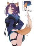  1girl absurdres animal_ears ass black_panties blue_hair blue_hoodie blue_kimono blush cho_kaguya-hime! closed_mouth colored_inner_hair commentary_request fishnet_thighhighs fishnets forehead_jewel fox_ears fox_girl fox_tail green_eyes highres hood hood_down hoodie japanese_clothes kimono medium_hair multicolored_hair panties purple_hair sakayori_iroha simple_background single_thigh_cuff single_thighhigh skindentation solo tail tensann3 thigh_strap thighhighs underwear white_background 