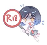  1girl alternate_hair_length_(shorter) barefoot black_hair blue_hair chibi collared_shirt flying_sweatdrops full_body great_yell_for_dreamers!_(project_sekai) grey_skirt hair_behind_ear hair_ornament hairclip highres holding holding_sign looking_at_viewer necktie official_alternate_costume official_alternate_hairstyle open_mouth orange_eyes parallel_hairclips parted_hair phynolcrystal pleated_skirt project_sekai red_necktie shaded_face shiraishi_an shirt short_hair sign simple_background single_sidelock skirt sleeveless sleeveless_shirt solo star_(symbol) star_hair_ornament surprised white_background white_shirt 